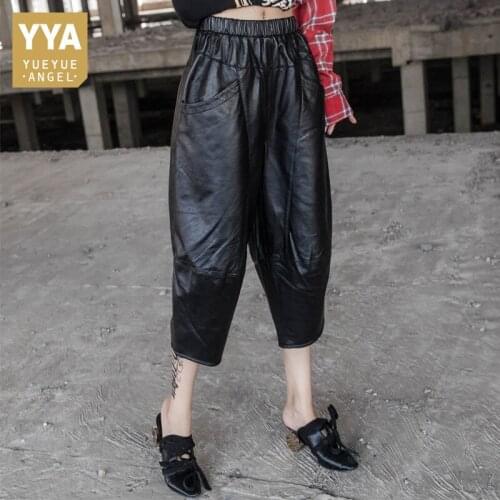 Casual Streetwear Sheepskin Calf Length Pants Women Elastic Waist Summer Plus Size Female Loose Fit Genuine Leather Harem Pants