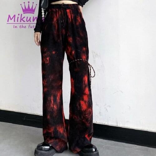 Harajuku Red Tie Dye Pants Fashion Casual Elastic High Waist Women Trousers Punk Hip Hop Wide Leg Pants Streetwear