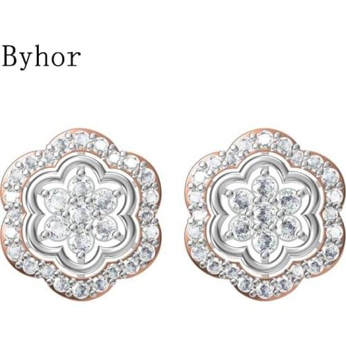 Byhor Solid 14K White/Yellow+White/Rose+White Gold 0.70ct H/SI Natural Diamonds Fine Jewelry Wedding Flower Stud Earrings Cерьги