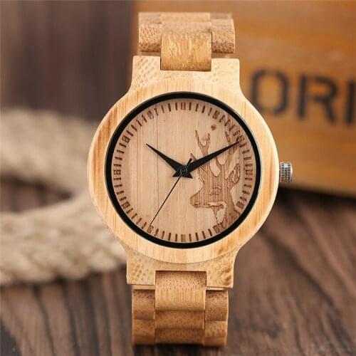 Handmade Natural Bamboo Clock Deer Pattern Design Dial Tiempiece Quartz Movement Clock Full Wooden Bangle Strap for Men Gift