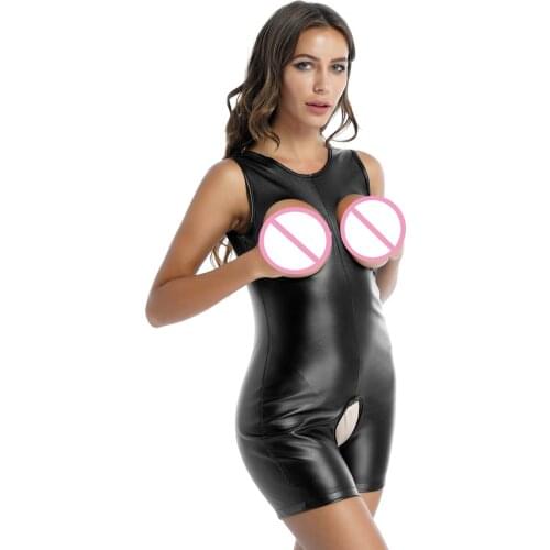 Women Skinny Open Cup Bodysuit Wet Look Lace-up Bodycon Jumpsuit Crotchless Sexy Teddies Sleeveless Party Clubwear for Nightclub