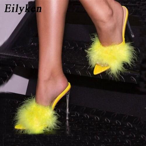 Eilyken Summer New PVC Feather Woman Slippers Transparent Perspex High Heels Fur Stiletto Peep Toe Mules Lady Slides Shoes