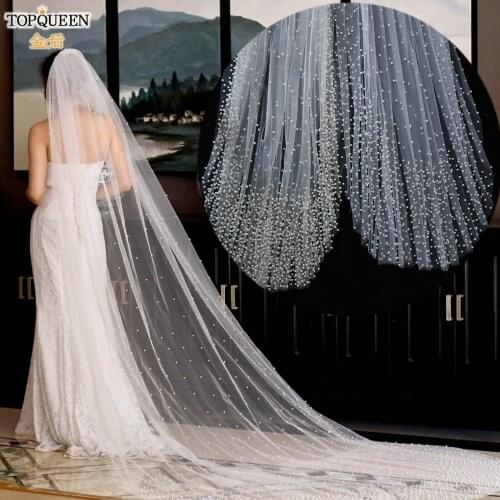 TOPQUEEN V10 Full With Pearl Cathedral Wedding Veil New Fashion Design Bridal Veil Long Chapel Veil with Comb One Tiers Veil