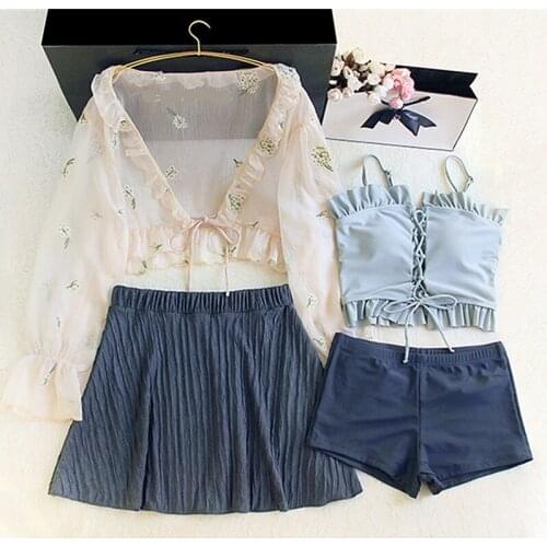 GLAUKE Split swimsuit fairy fan wanghong: South Korean students flat chest conservative long sleeve suspender bathing suit