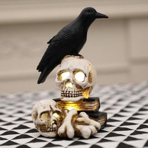 Crow Skull Halloween Decoration Scary Gothic Statue Glowing Skeleton Lamp Ornaments For Bar Ghost House Home Party Decoration