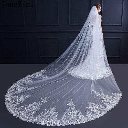 JaneVini Luxury One Layer Cathedral Wedding Veils Lace Applique Edge Ivory Tulle Long Bridal Veil with Comb Accessoir De Mariage