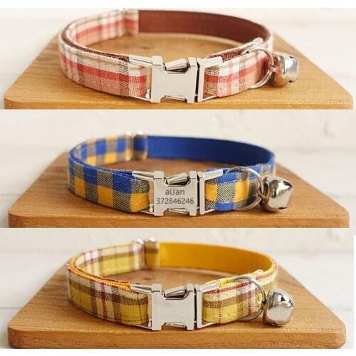 Plaid Grid Cat Collars Personalized Customized Kitten Cats Collar Necklace with Bell Puppy Bulldog Chihuahua Collar Adjustable