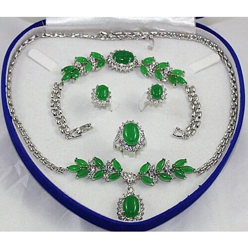 Noblese ladys 18k GP green jades beaded flwoer necklace bracelet earring ring