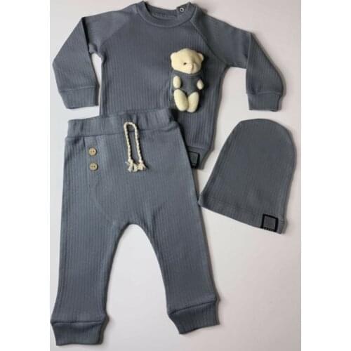 New American Style Four Seasons Clothing Baby Girl Clothes Sets For Kids Cotton 3pcs Grey Color Teddy Bear Pajama Set