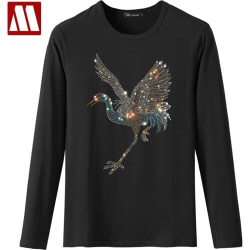 Hip Hop Style Male Plus Size beading T-shirt Animal Bird Diamond Print T shirts Man Rhinestone Round Neck Long Sleeve Funny Tees