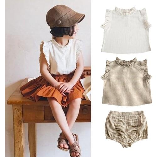 New Summer Baby Girls Clothing Sets Ruffles Sleeveless Plaid Tops Shorts 2pcs Korean Style Toddlers Kids Chic Outfits