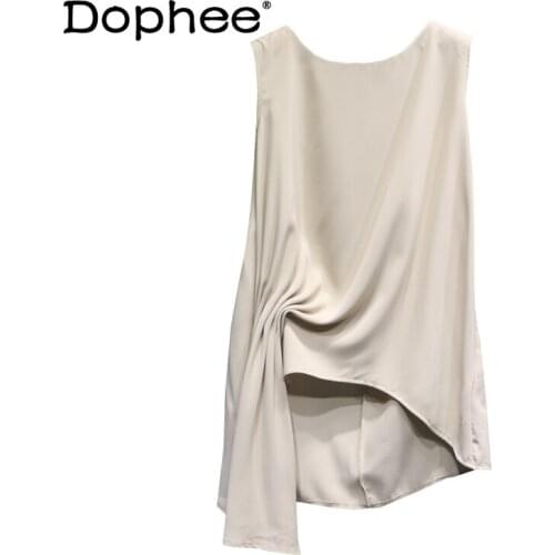 Korean Style solid colour top Doll Sleeveless Straight Chiffon Shirt Irregular Pleated blusas Loose casual blouse for Women