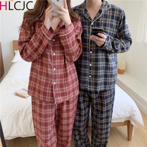 Autumn Cotton Couple Pajamas New Korean Version of Simple and Comfortable Mens Homewear Two-piece Suit for Lovers Women Pyjamas