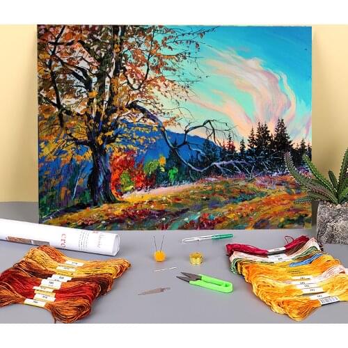 Landscape October Printed 11CT Cross Stitch Full Kit Embroidery DMC Threads Handmade Needlework Handicraft Handiwork Counted