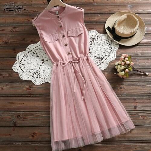 Casual Lace Chic Dresses Women Summer Dress 2021 New Cotton Mesh Pink Belt Waist Sleeveless Elegant Vestidos Women Clothing 3518