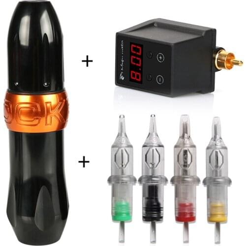 Professional Permanent Rocket Rotary Tattoo Machine with Wireless Mini Tattoo Power RCA Connector Mix 20pcs Cartridge Needles