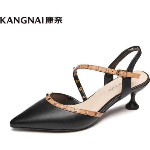 KANGNAI Women Sandals Ankle Strap Ladies Party Slingback Pointed Toe Thin Heels Pumps Fashion Woman Summer Shoes Rivet Decor