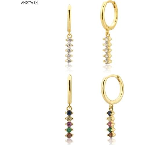ANDYWEN 925 Sterling Silver Gold 4 Zircon line Drop Earring Clear Rainbow Piercing Luxury Crystal Pendiente Jewelry For Women