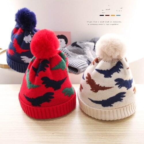 Woolen Winter Warm Children Kids Hat Baby Girls Boys Cartoon Dinosaur Patterns Pom Pom Beanie Caps for Toddler Infant