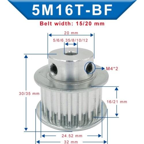 Timing Pulley 5M-16T Bore 5/6/6.35/8/10/12 mm Aluminum Belt Pulley Slot Width 16/21 mm For Width 15/20mm 5M-rubber timing belt