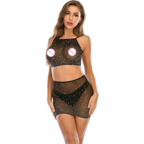 Sexy Lingerie Fabric Mesh Transparent Erotic Catsuit Bodycon Black Nylon Dress Sets Embroidery Diamond Mature Women Cosplay Sexi