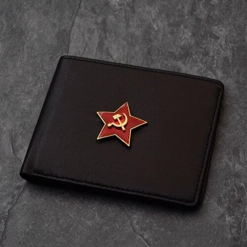 Soviet Union CCCP 1942 Red Star Wallet Scythe Axe Sheepskin Metal ID Credit Bank Business Card Storage Leather Card Holder Men