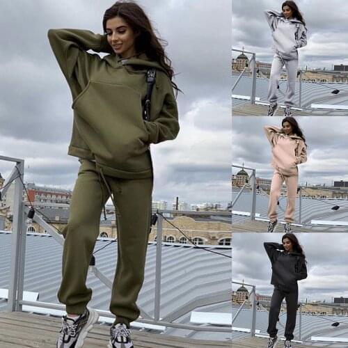 Female Solid Color Thicken Leisure Sports Keep Warm Fleece Winter Hooded Sweatshirt Suits Oversize Tracksuit Set