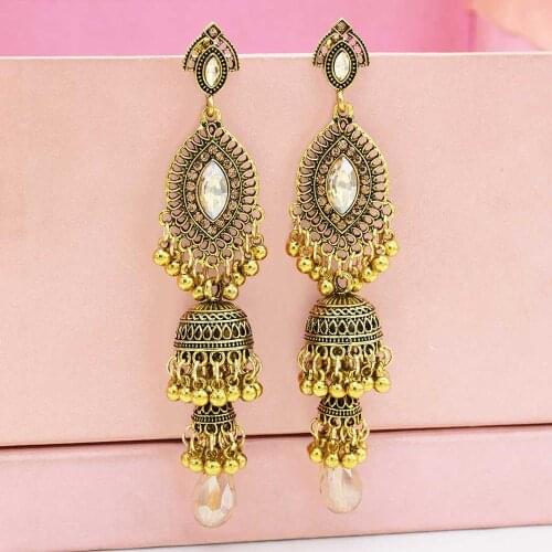 Thailand Indian Vintage Ethnic Jhumka Bell Tassel Earrings Gypsy Rhinestone Exaggerated Lantern Drop Earrings Jewelry for women