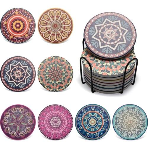 U-Taste 8Pcs Drink Coaster for Coffee Cups Tea Coaster Marble Ceramic Coasters Round Table Mat with Rack Heat Insulation Mug Pad