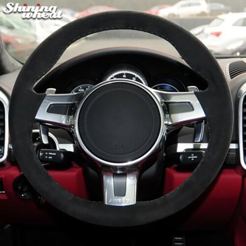 Top Black Suede Car Steering Wheel Hand-stitch on Wrap Cover For Porsche Cayenne Panamera 2012 2013 2014