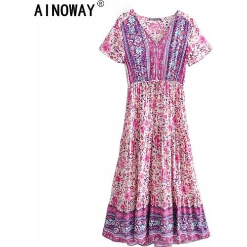Vintage chic women purple floral print short sleeve tassel ruffles Bohemian maxi dresses Ladies v-neck rayon Boho happie dress