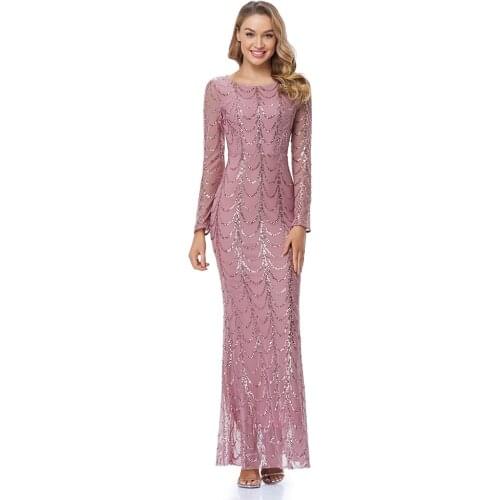 XUCTHHC 2021 New Evening Pink Dress O Neck Full Sleeve Mermaid Sequins Tulle Floor Length Party Dress Women Formal Dress