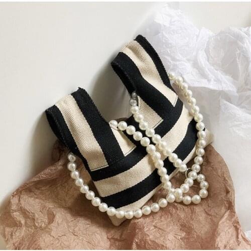 2021 Women Pearl handle Design Canvas Big Shoulder Bags Ladies Handbag and Purses Tote Books Shopping Bag for Girls Black White