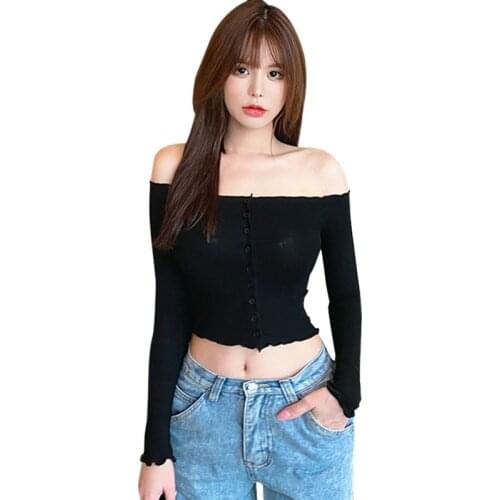 Womens Solid Slash Neck Tshirt Slim Sexy Exposure Navel Autumn Long-sleeved Knitted T-shirt Tops