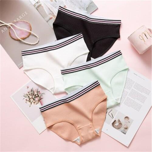 Womens threaded cotton mid-waist breathable solid-color underwear, womens striped rubber-band hip underwear T1741