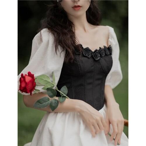 Summer Black White Patckwork Dress Slim Lady Vintage Royal Jacquard Rose Puff Sleeve Elegant Princess Dresses For Dinner Date
