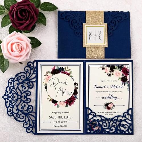 50pcs Navy Blue Wedding Invitations Laser Cut Hollow Invite Greeting Cards for Wedding