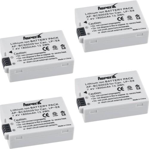 AsperX 4Pcs LP-E8 LPE8 LP E8 Camera Batteries for Canon EOS 550D 600D 650D 700D kiss X4 X5 X6i X7i Rebel T2i T3i T4i T5i