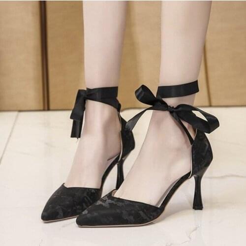 Fairy Style Ribbon Pointed Shallow Mouth Sandals Female 2021 Summer New Stiletto High Heel Sexy Girl Hollow Womens Shoes
