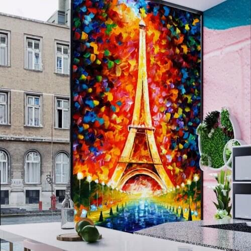 Custom oil painting iron tower entrance glass film living room sliding door wardrobe sliding door cabinet sticker window