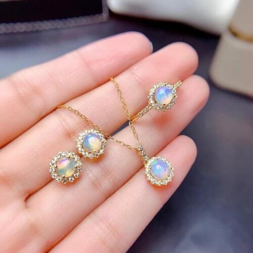 Natural opal gemstone ring stud earrings and necklace jewelry set for women real silver gold plated round natural gem party gift