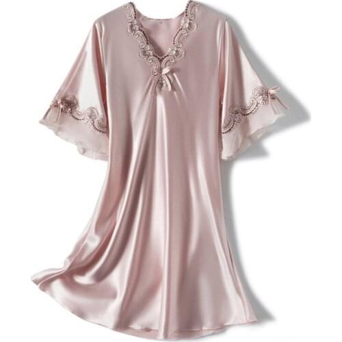Summer Satin Nightgowns Sleepshirts Lace Pajamas Lotus Leaf V-neck Short Sleeve Ladies Sleepwear