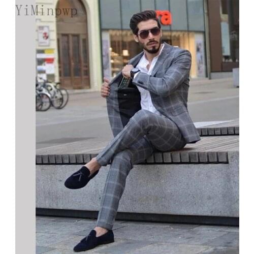 YiMinpwp Grey Plaid Men Suits Notched Lapel Single Breasted Blazer Jacket Men Tuxedo Grooms Wedding Suits 2 Piece Coat Pant