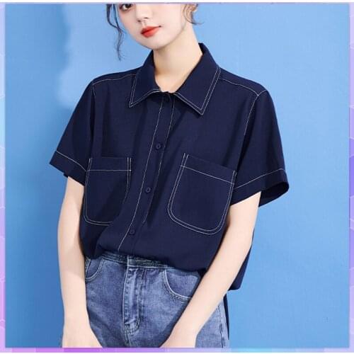 Solid Womens T-shirt 2021 Summer Short-sleeved Shirt Female Clothing Student T-shirts Pocket POLO Chiffon Top Button-down Tops