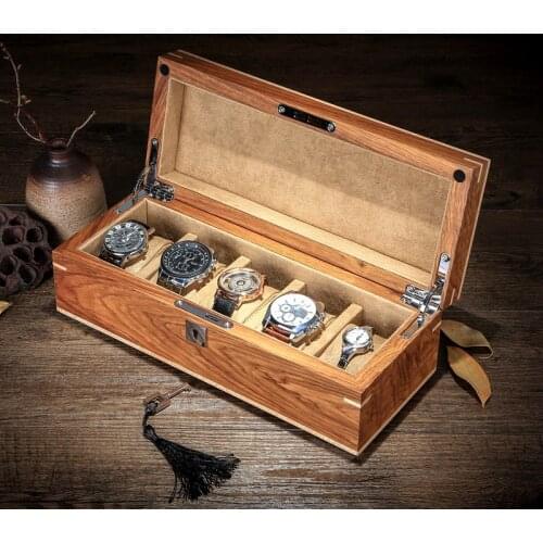 Top-grade 5-grid original African pear wood watch box wooden watches boxes organizer case jewelry keepsake box with lock key