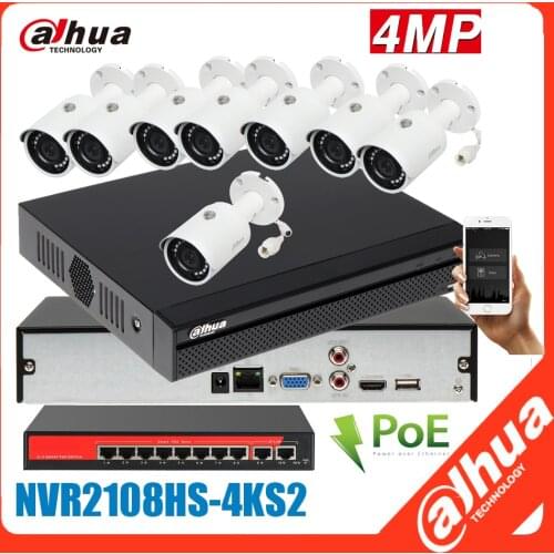 Original dahua 8ch 4MP POE ip camera kit NVR2108HS-4KS2 with 8pcs IPC-HFW1431S-S4 4MP Mini Bullet Network Camera