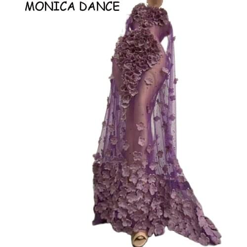 Women Sexy Purple Floral Mesh Perspective Trailing Dress Women Djds Singer Show Goddess Birthday Party Celebration Crystal Dress