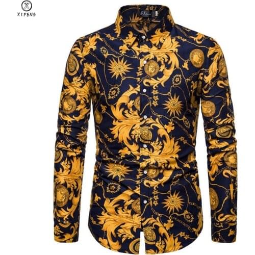 Shirt Men Clothing M-5XL Long Sleeve Vintage Flower Print Mens Dress Shirts Autumn New Casual Hawaii Male Shirt camisa masculina