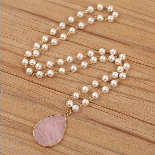 FYJS Unique Jewelry Light Yellow Gold Color Water Drop Rose Pink Quartz Pendant Green Turquoises Stone Necklace