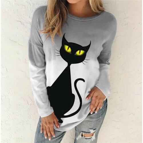 Autumn Gradient Tie Dye Funny Cute Cat Printed Tops Womens Long Sleeved Loose O-Neck T-shirt Fashion Casual Oversize Pullovers